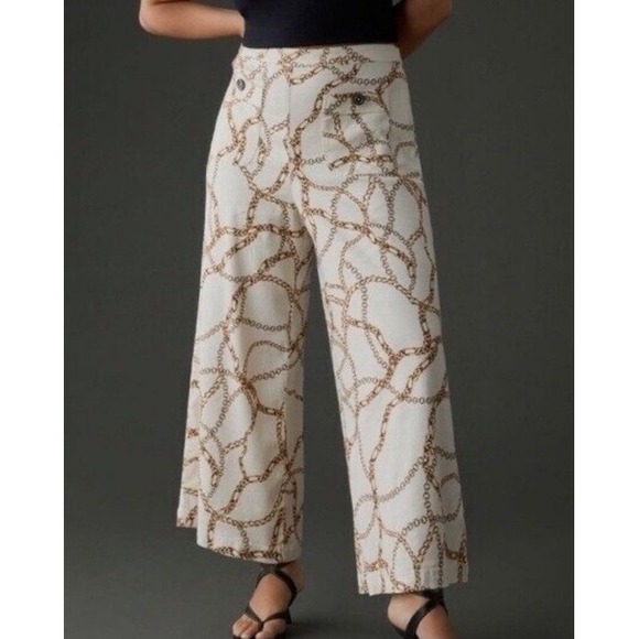 Anthropologie Maeve Pants Chain Print Palazzo Size 8 Wide leg Crop Linen Blend - Picture 1 of 13